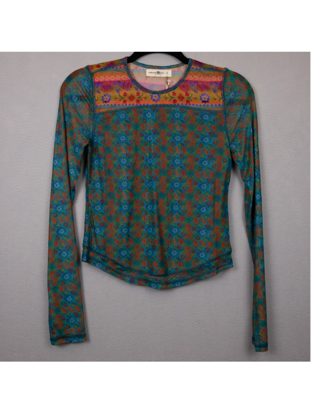 Natural Life sheer mesh blue floral print long sleeve shirt NWT-S